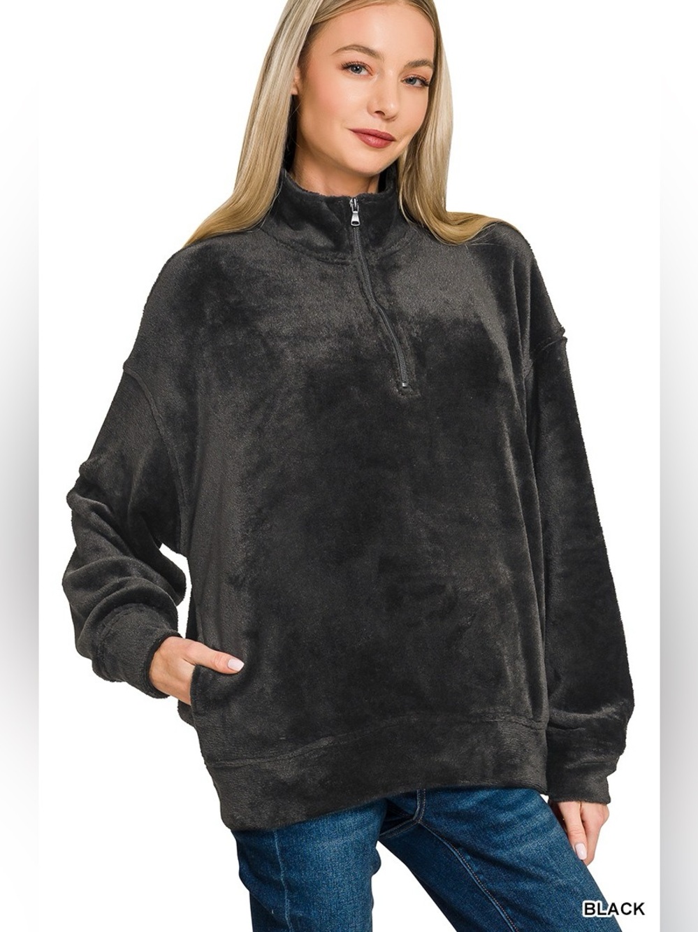 Zenana Faux Fur Half Zip Pocket Pullover